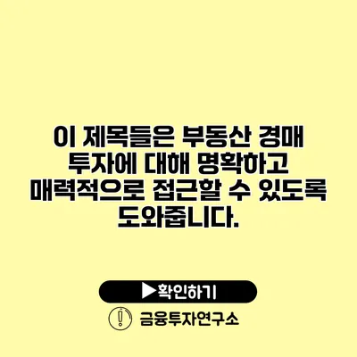 이 제목들은 부동산 경매 투자에 대해 명확하고 매력적으로 접근할 수 있도록 도와줍니다.